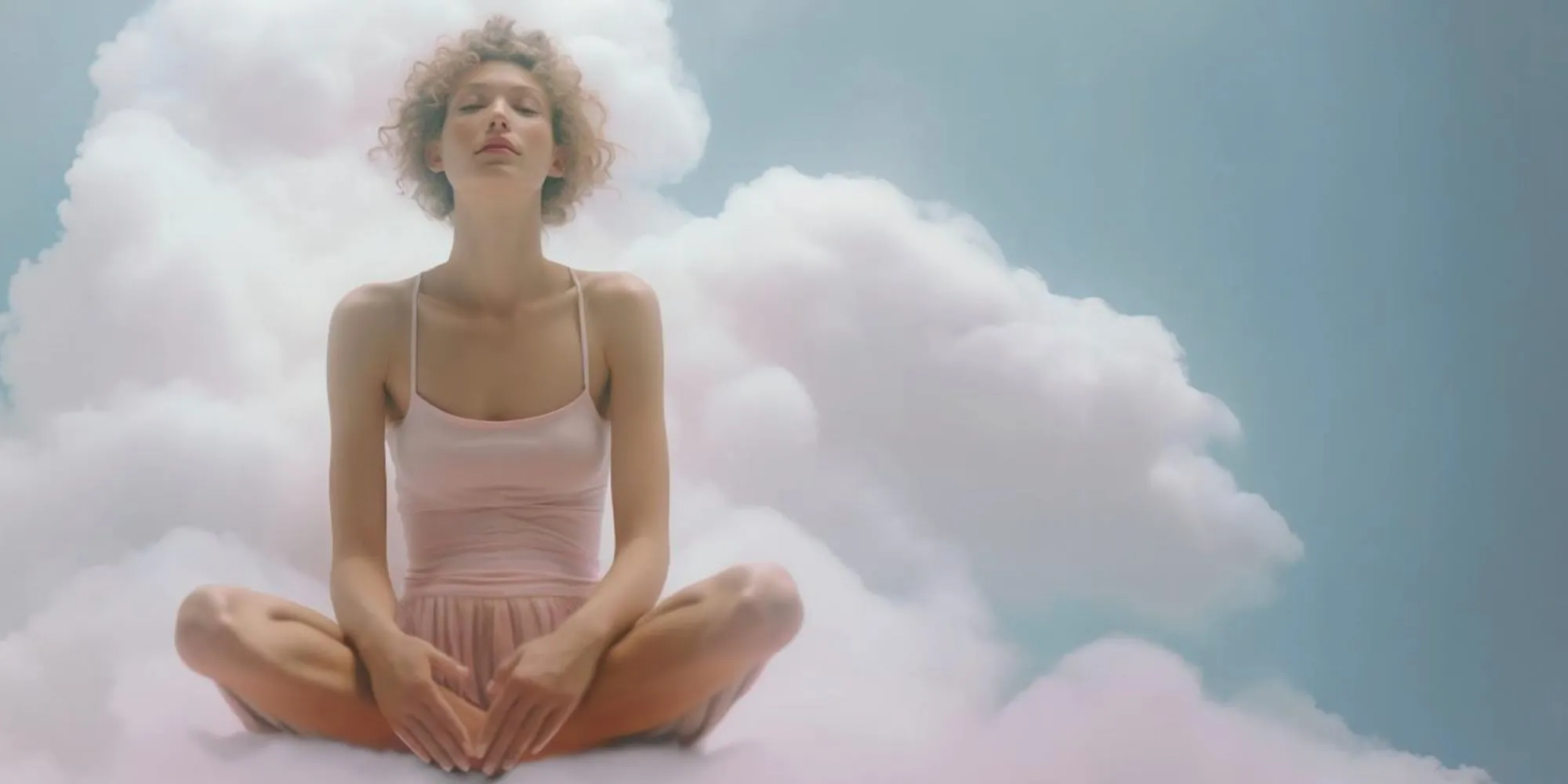 Femme assise en tailleur, les yeux fermés, entourée de nuages