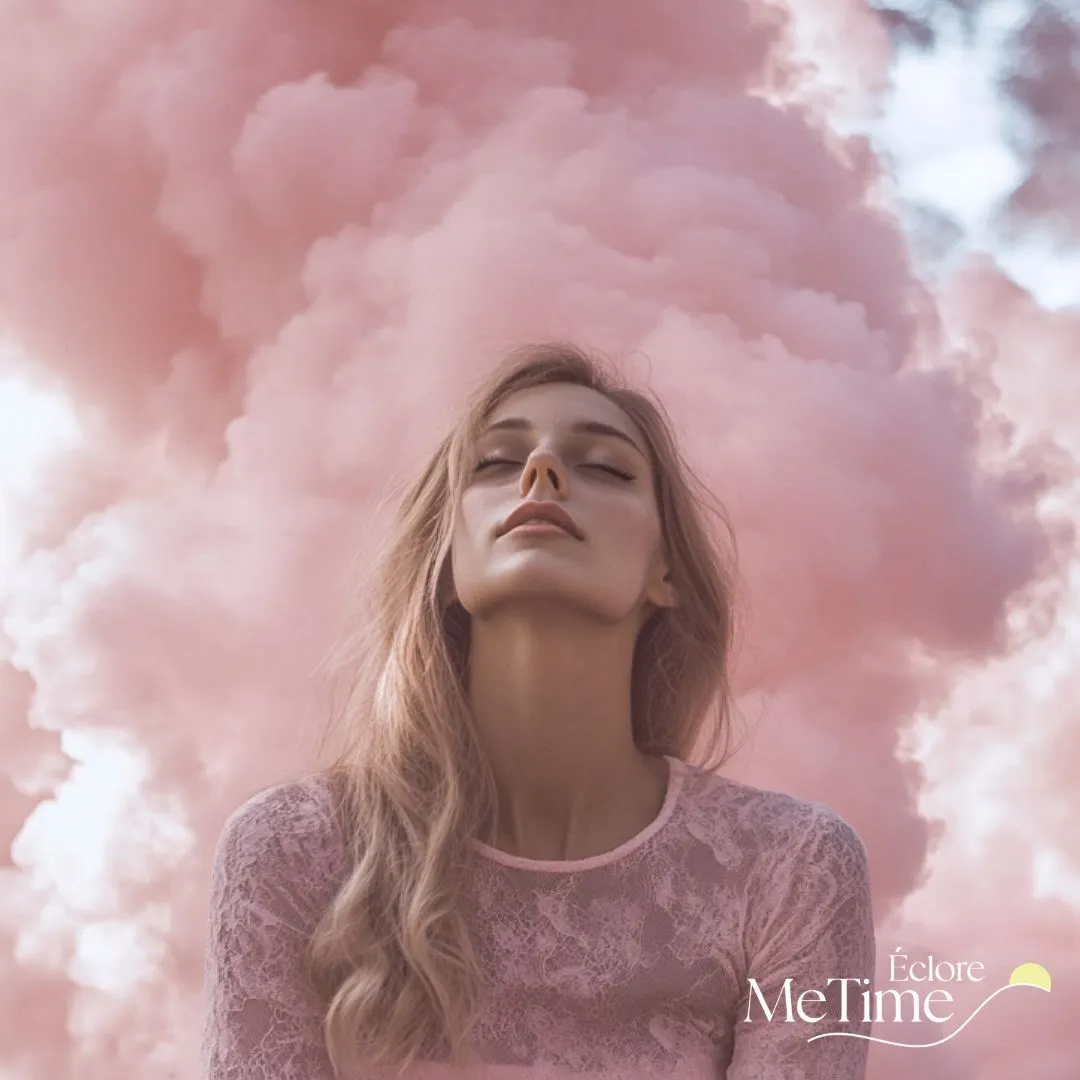 Femme sereine, yeux fermés, entourée d'un nuage de fumée rose